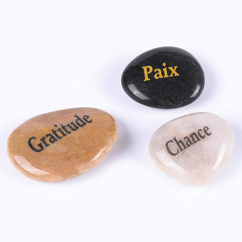 ROCKIMPACT 50 Pierres Gravées Message Chanceuse Inspirant, Cadeau avec Gravure Inspiration Mot, Jardin Décoratifs Galets, Bonheur et Encouragement (Lot de Gros, Mots Assortis, 5-8 cm)