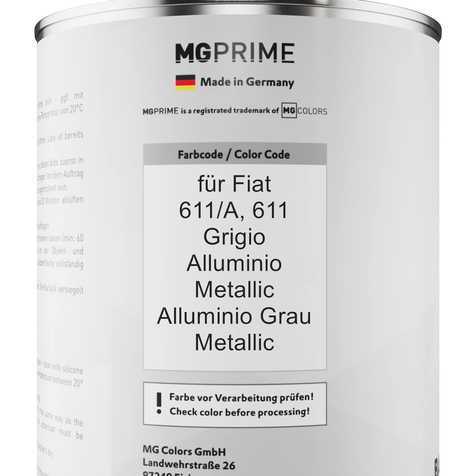 MG PRIME Autolack Dosen für Fiat 611/A / 611 Grigio Alluminio Metallic 2,5L | Alluminio Grau Metallic, Set aus Basislack + 2K Klarlack + Härter, Literware, spritzfertig