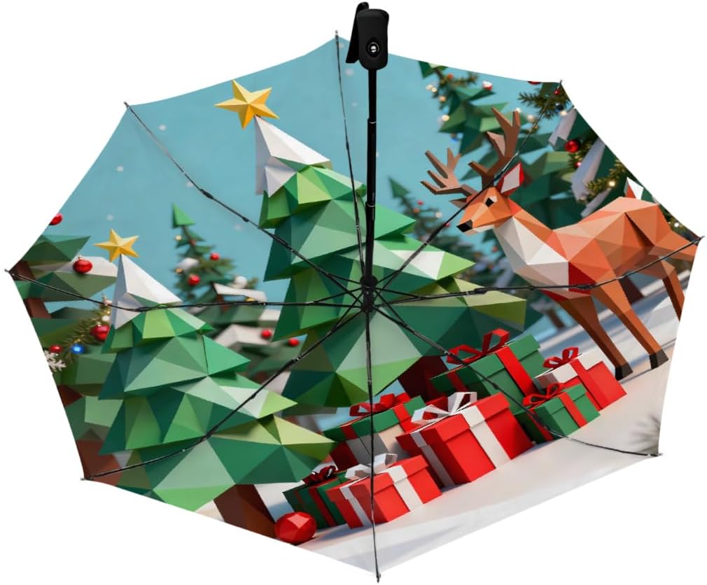 Abstract Christmas Tree Reindeer Folding Umbrella Windproof Compact Lightweight Travel Umbrella with 8 Reinforced Ribs, Portable UV Sun & Rain Protection for Men & Women