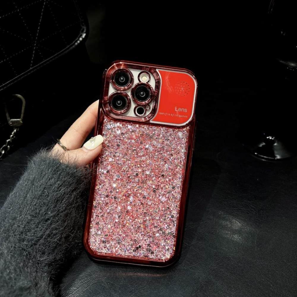 Coque paillettes iPhone 14 Pro antichoc avec protection objectif intégrée rouge - 8