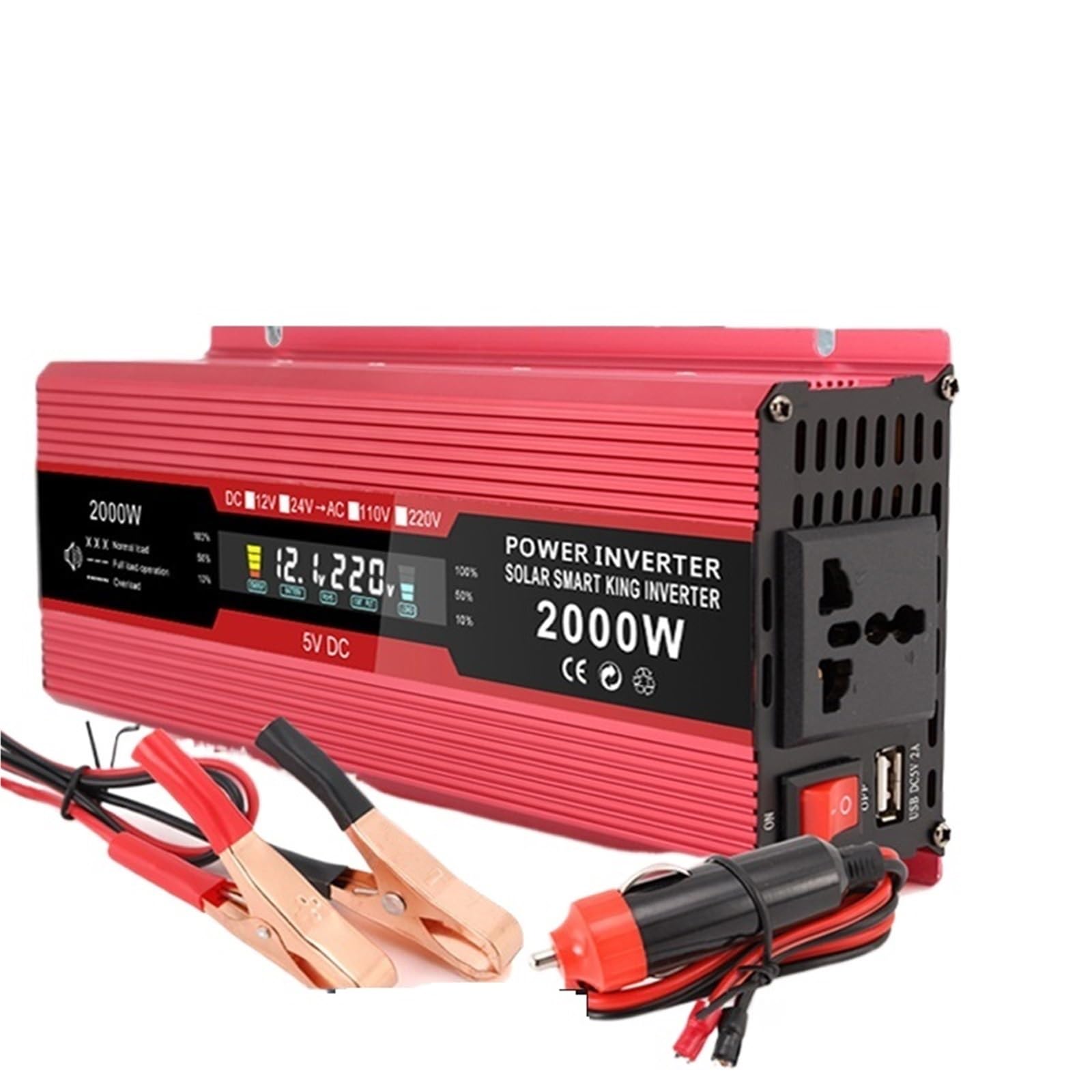 Inversor de Corriente for Coche, 2000W, Pico DC12V/24V a 220V, Enchufe Europeo, Pantalla LED de 50HZ, Onda sinusoidal modificada con enchufes de CA USB 2.1A(12V 220V EU)