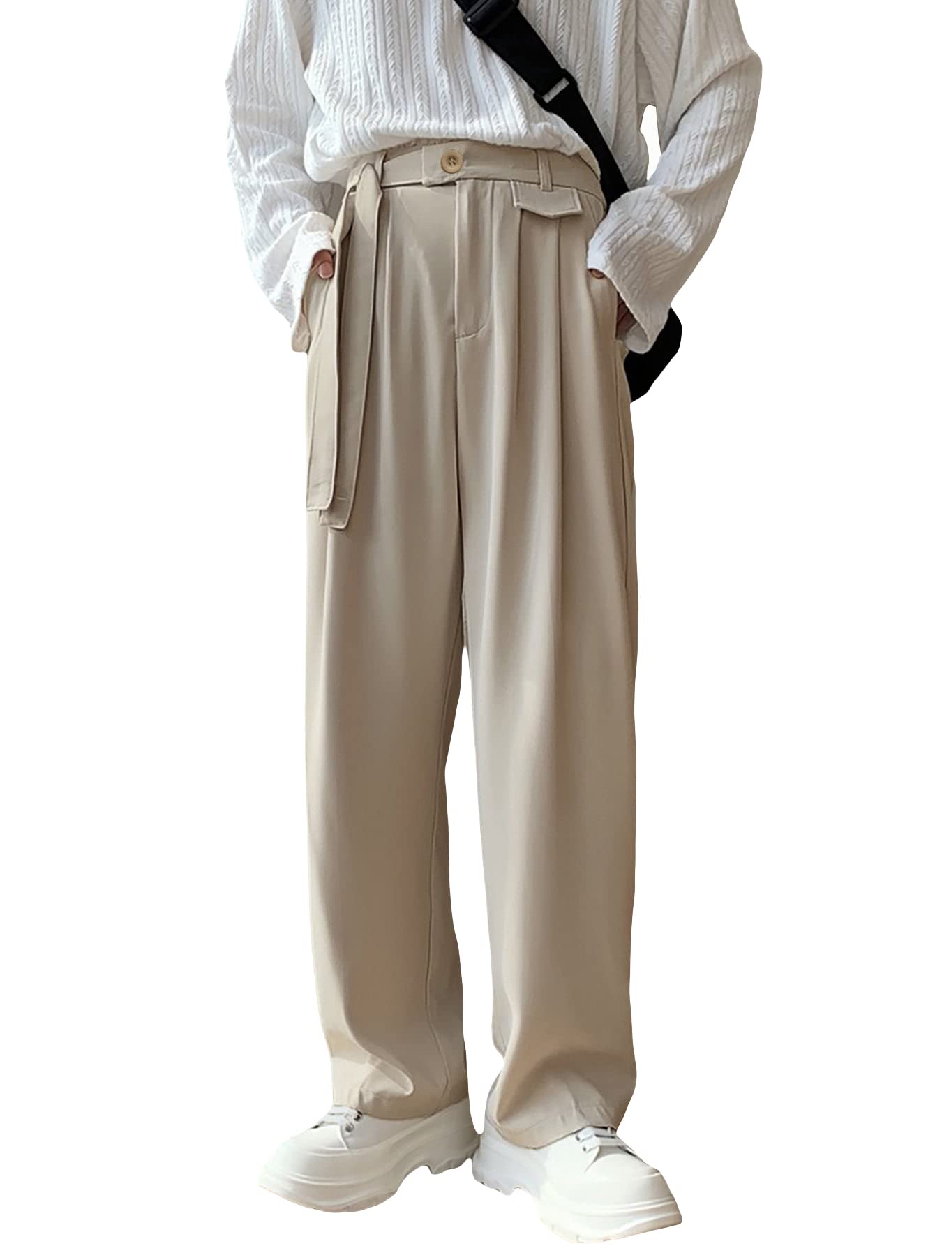 OYOANGLE Men's Fold Pleated Straight Wide Leg Suit Pants Business Casual Pants with Pocket