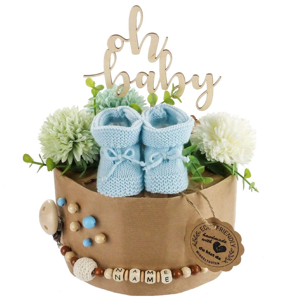 Öko Windeltorte ECO FRIENDLY aus Bio Windeln | Premium Geschenk zur Geburt | nahezu Plastikfrei* (M, himmelblau)