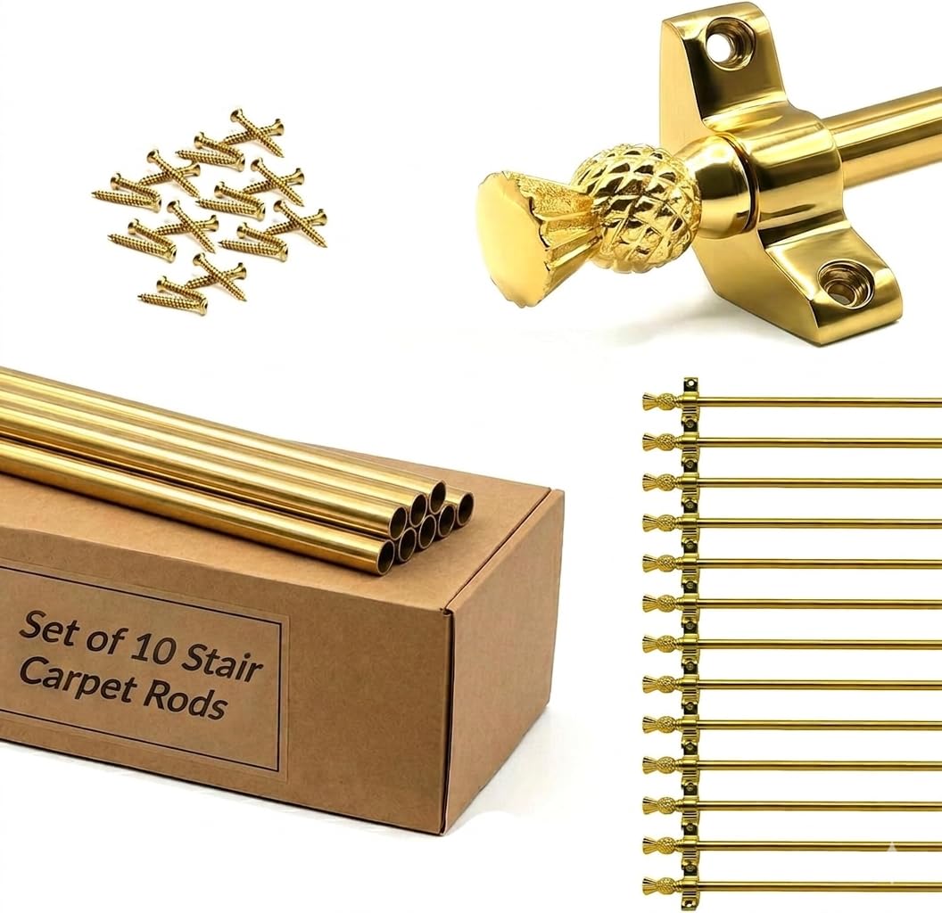 Set of 10 Stair Carpet Rods, Polished Brass — image 1