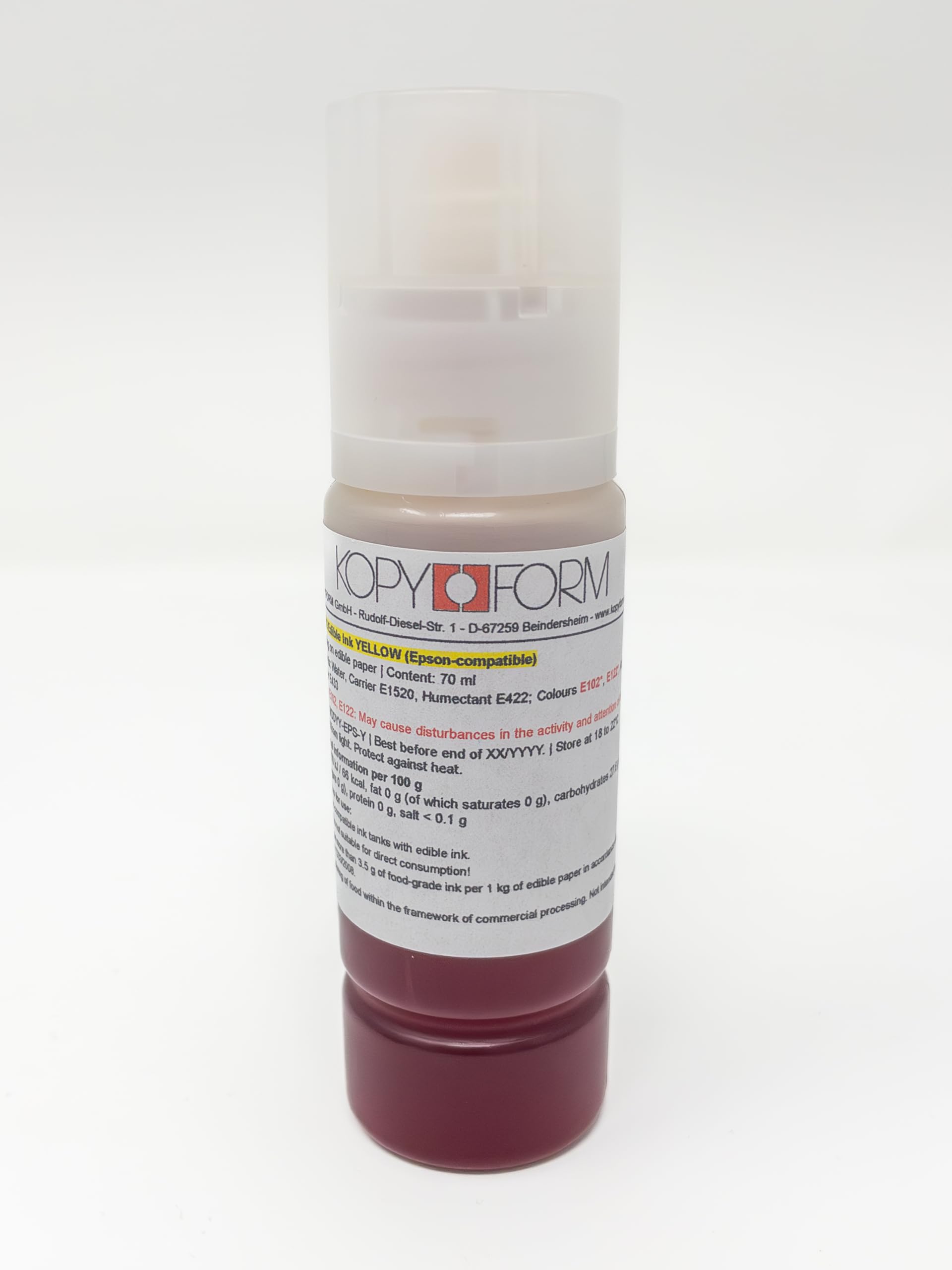 Lebensmitteltinte für EPSON Drucker 4x70ml Set (Schwarz, Gelb, Magenta, Cyan), CISS-Systeme und EcoTank-Drucker der Marke EPSON; mit Adapter für eine leichte Befüllung (KOLE070)