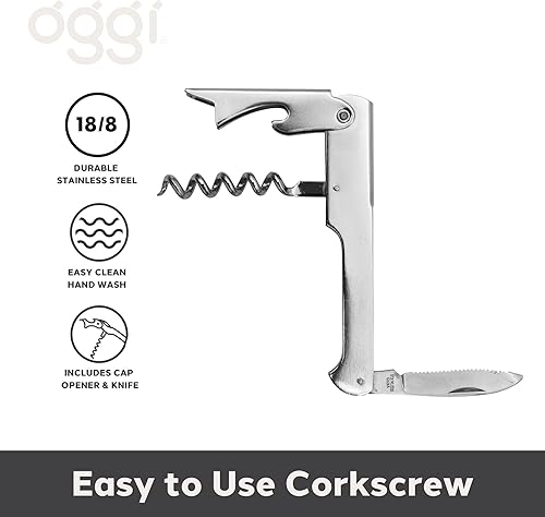 Miniatura 9 de OGGI Abridor de botellas de vino compatible con la TSA, sacacorchos para camareros, con mango de madera, palanca con doble bisagra, abrebotellas