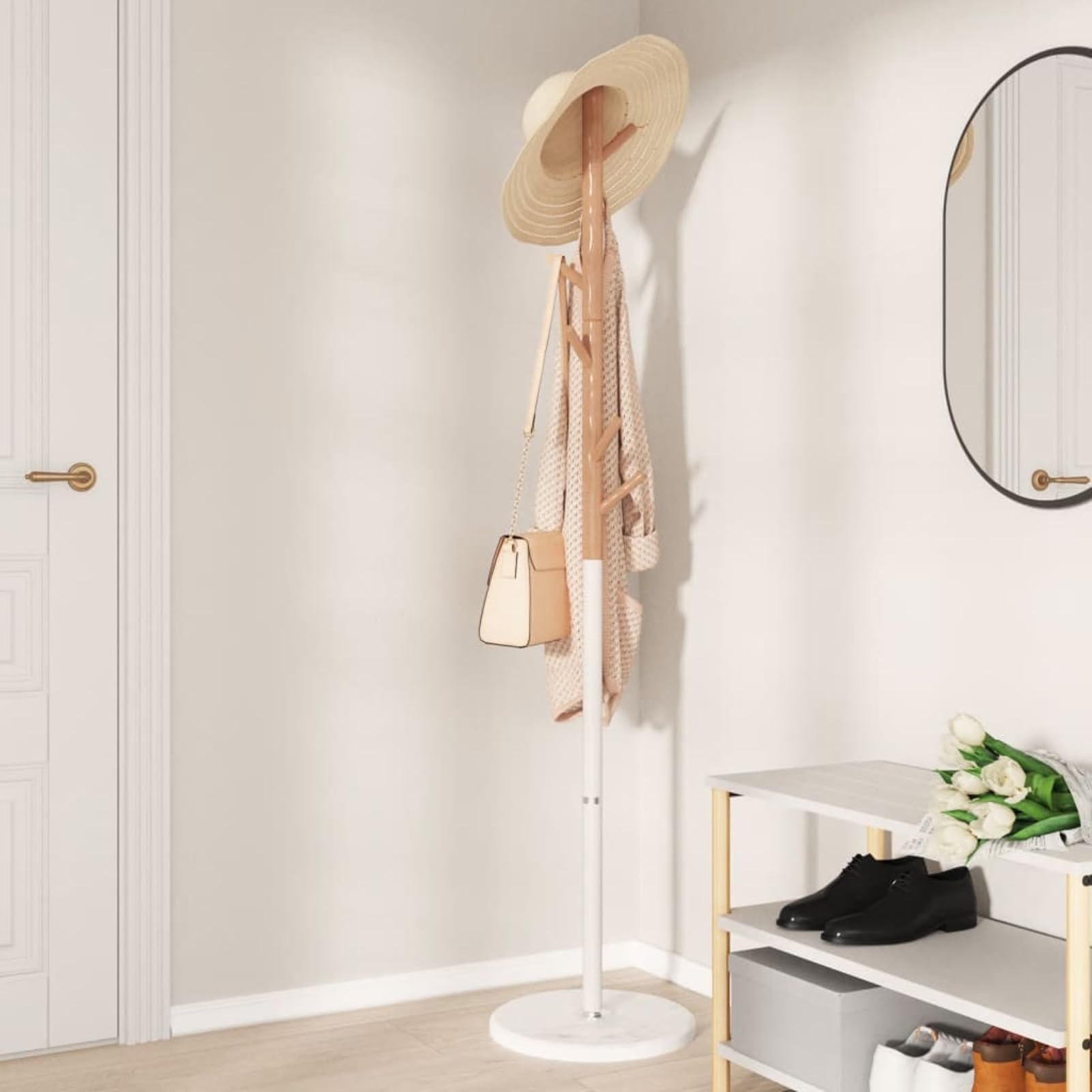 Garderobenständer aus Eisen und Buchenholz, weiß, 172 cm, für Flur und Wohnzimmer 377088