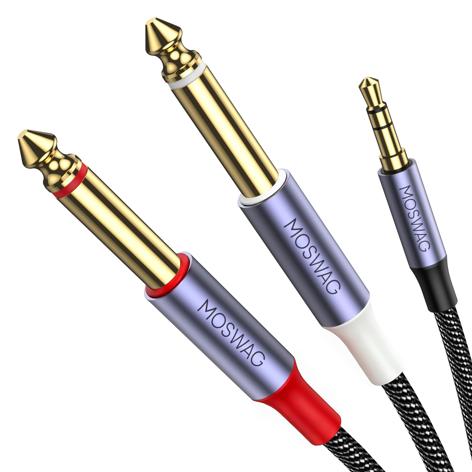MOSWAG Câble Audio 3.5mm vers Double 6.35mm 1M, 6.35 vers 3.5 Mâle Y Splitter TRS Jack, Plaqué Or Nylon Tressé 3,5mm à 2X 6,35mm Splitter Câble pour Amplificateur, Cinéma Maison