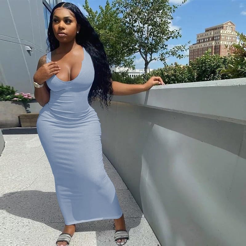 Image of Nimsruc Women Casual Sexy Deep U Neck Tank Top Bodycon Dress Summer Sleeveless Wrap Long Basic Party Club Maxi Dresses