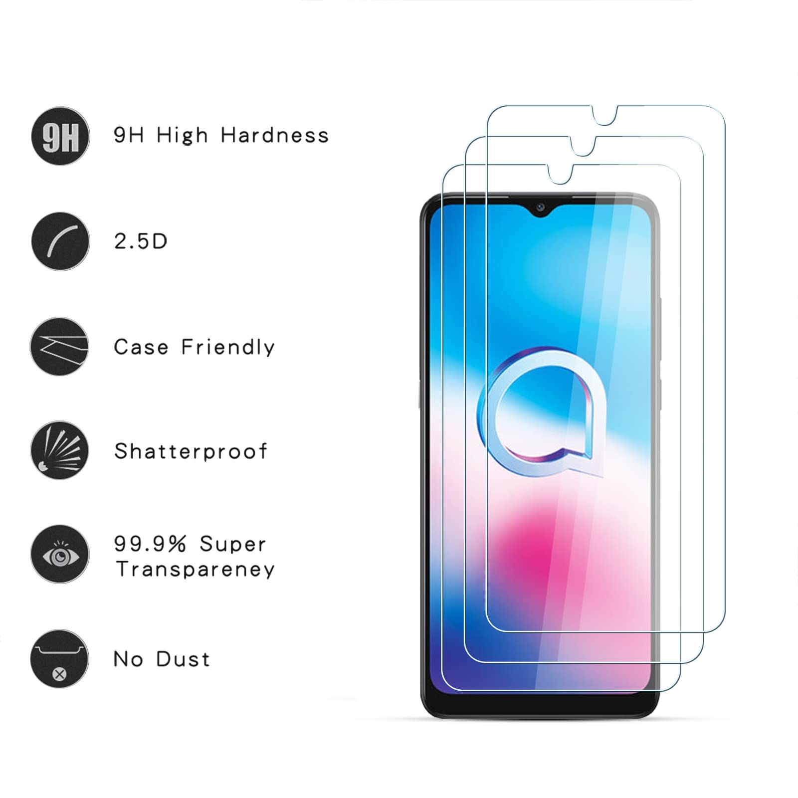 HJX Pellicola Protettiva in Vetro Temperato per Alcatel 1S 2020 [2 Pezzi], Durezza 9H, 2.5D Alta Definizione, Senza Bolle, Anti Graffio Screen Protector per Alcatel 1S 2020