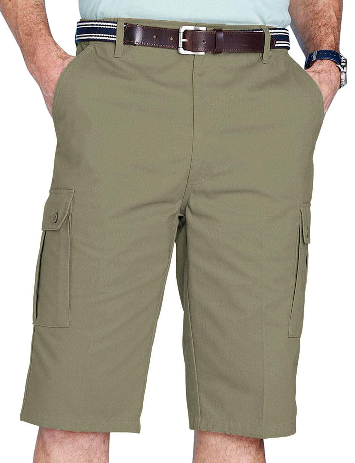 Chums Men's Khaki Long Cargo Shorts With Side Elastic Waistband, Roomy Button-Down Pockets, Longer Fit 100% Cotton Short 42