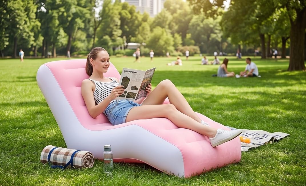Premium Inflatable Air Lounge Chair – Modern Minimalist Portable Sofa for Indoor, Garden & Outdoor Relaxing (Pink & White)