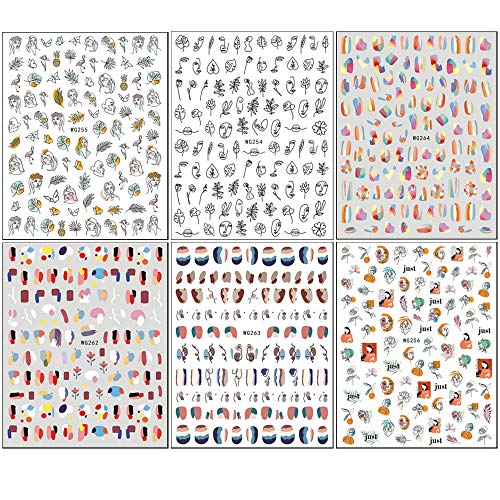 Graffiti Fun Nail Art Stickers, Abstract Nail Decals 3D Self-Adhesive Abstract Lady Face Rose Leaf Nail Design Manicure Tips Nail Decoration For Women Girls Kids(6Sheets) #TOP5