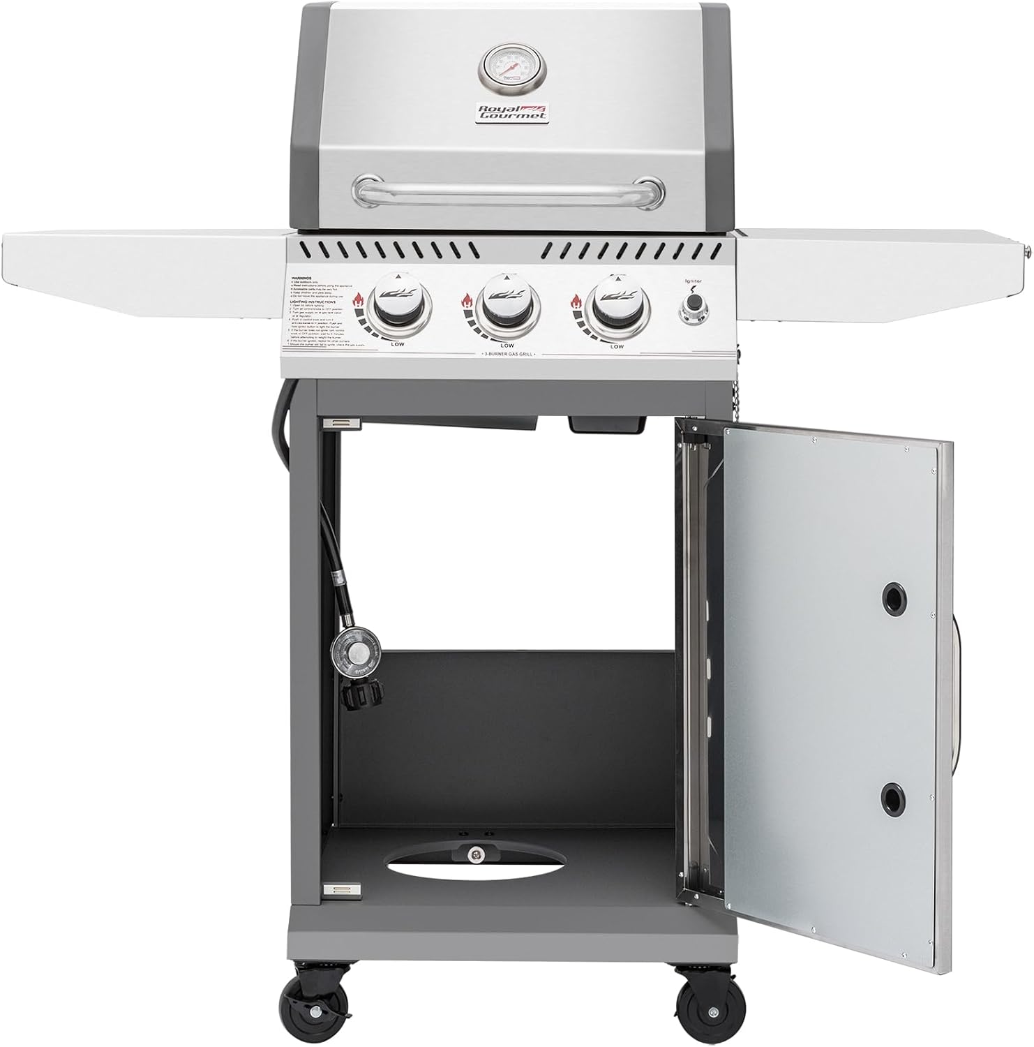 Royal Gourmet GG3001S Stainless Steel 3-Burner Propane Gas Grill, 25,500 BTU, Cabinet Style Outdoor BBQ Grill with Side Tables, Outdoor Cooking Grill for Patio Garden Barbecue, Silver Royal Gourmet GG3001S Stainless Steel 3-Burner Propane Gas Grill, 25,500 BTU, Cabinet Style Outdoor BBQ Grill with Side Tables, Outdoor Cooking Grill for Patio Garden Barbecue, Silver