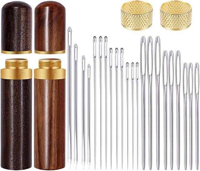 26 Pcs Leather Sewing Needles Kit, 4 Sizes Triangle Leather Needles with Large Eye Needles, Blunt and Pointed Stitching Needles, Thimble and Needle Bottles for Leather Stitching Hand Sewing