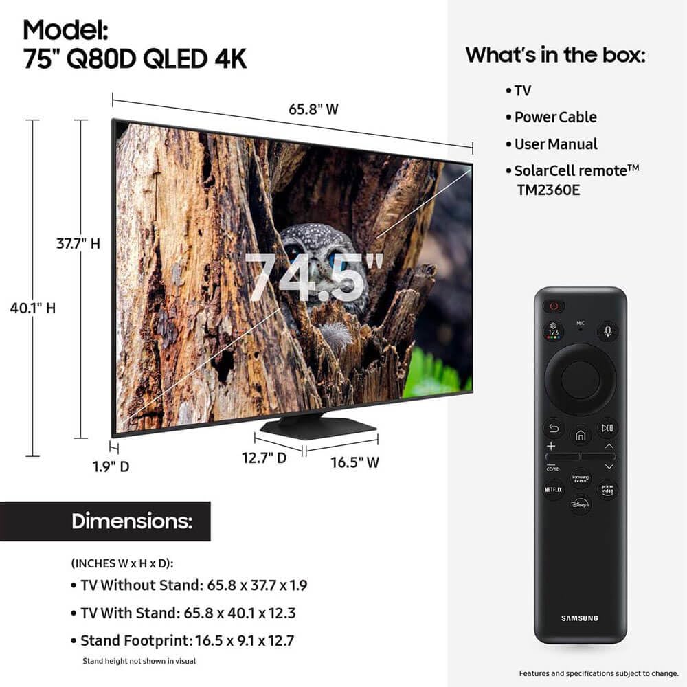 SAMSUNG QN75Q80D 75 inch Class QLED 4K Q80D Smart TV