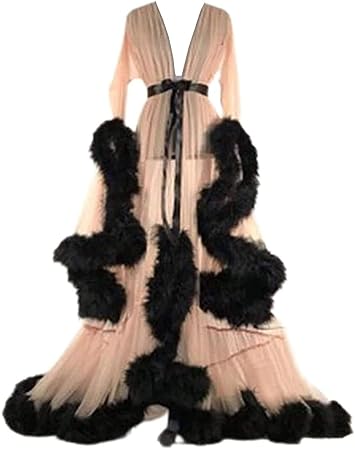 MIAOXIAO Women's Plus Size Lingerie Robe Transparent Feather Robe Mesh Sheer Tulle Long Sleeve Lace Sleepwear Kimono Bathrobe with Ruffle Feather Trim,5,M [Energy Class A]