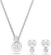 Swarovski Matrix Jewelry Set, Tennis Bracelet, Earrings, Clear Round Cut Crystals With Pearls, Rhodium Finish