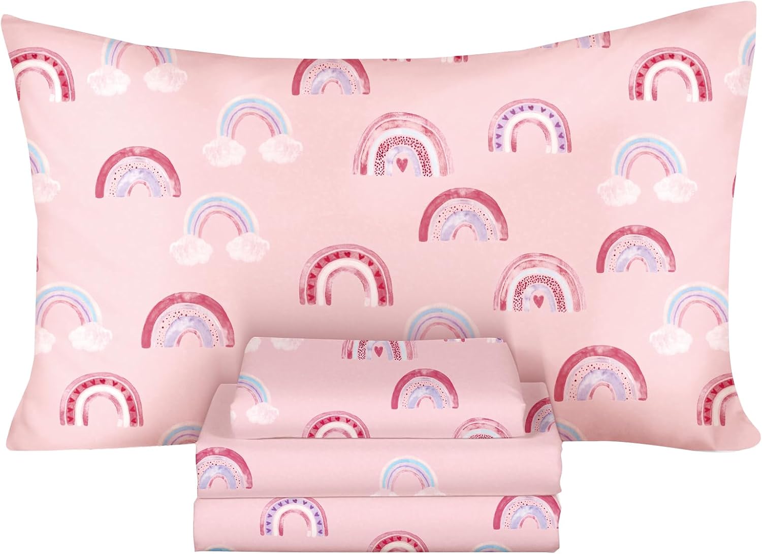 Ivellow Twin Sheets Set Kids 100% Natural Cotton Sheets Soft Breathable Percale Bed Sheets 16" Deep Pocket Cute Kawaii Rainbow Patterned Sheets for Girls Toddler Teen Kids Twin Bedding Dorm Essentials