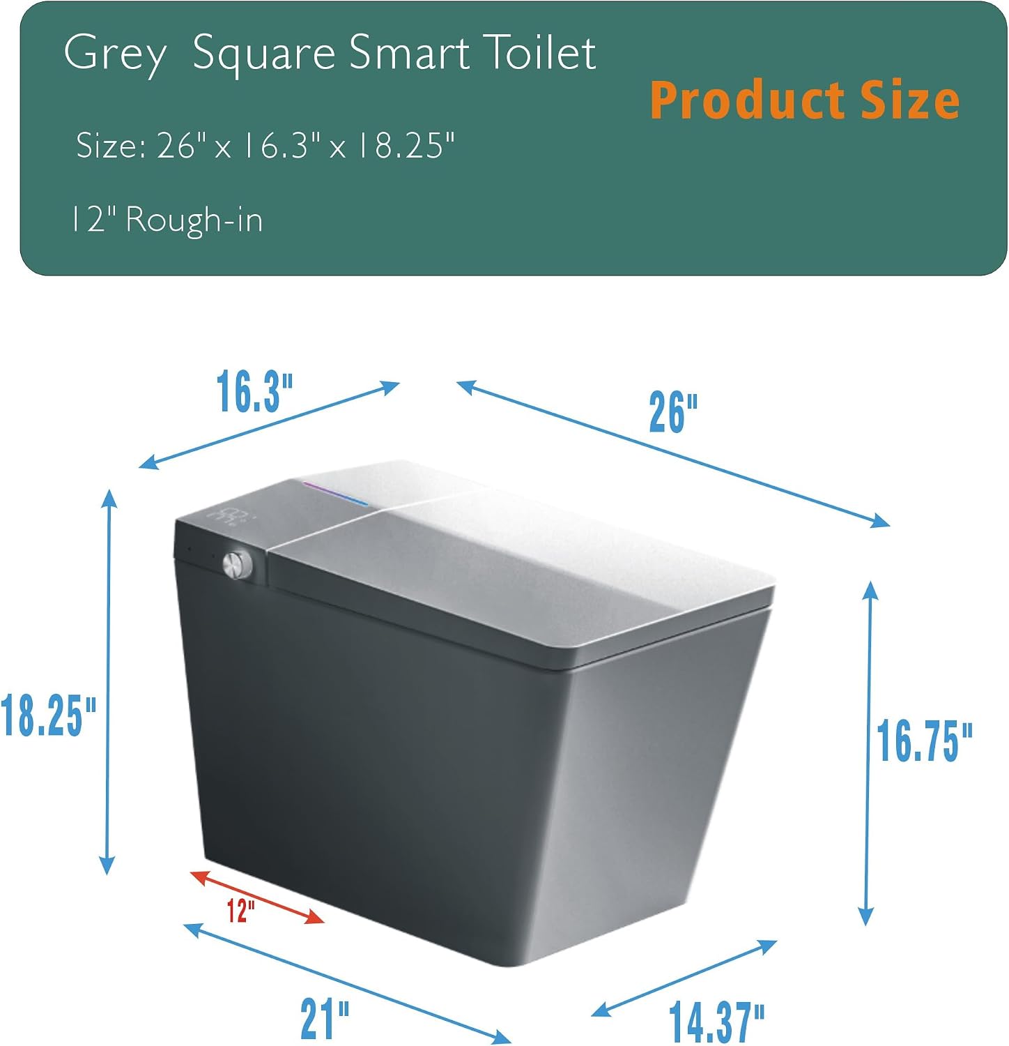 Square Smart Toilet with Built-in Tank for Bathroom Remote Control Tankless Bidet Toilet with Foot Touching Lid Opening Auto Flush Heated Seat LED Digital Display User Memory (Matte Grey)