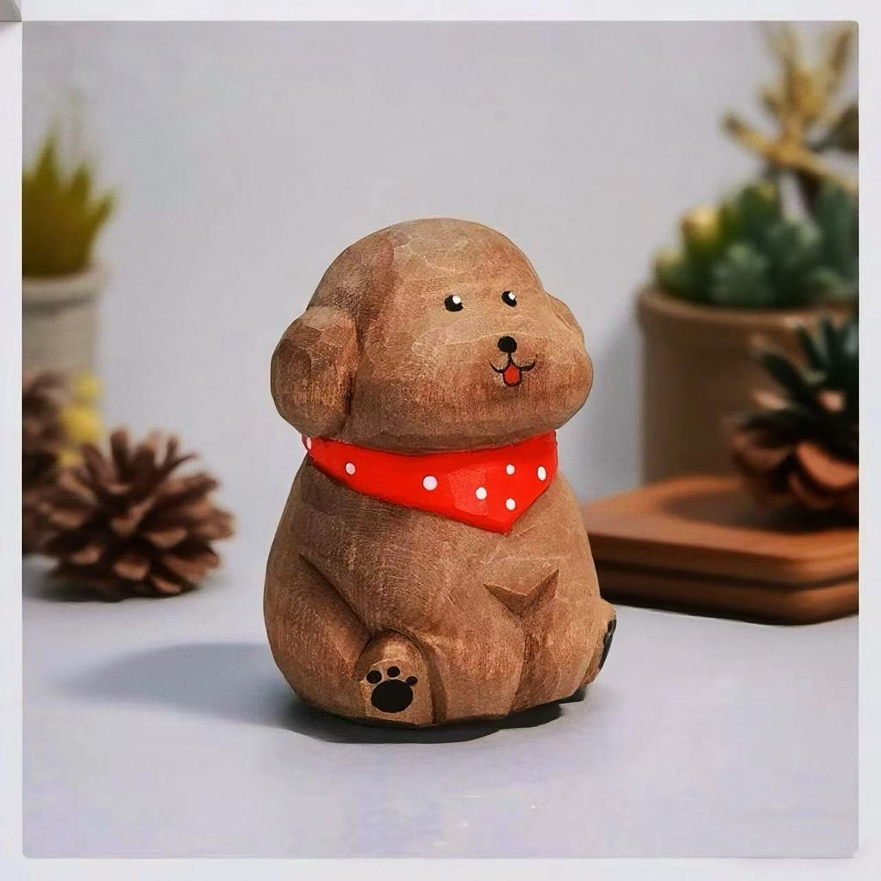 Cute Wood Teddy Dog Figurine, 2.7'Handmade Carved Brown Teddy Statue with Base, Unique Pet Dog Figure Collectibles Home Decor, Gift for Pet Lover