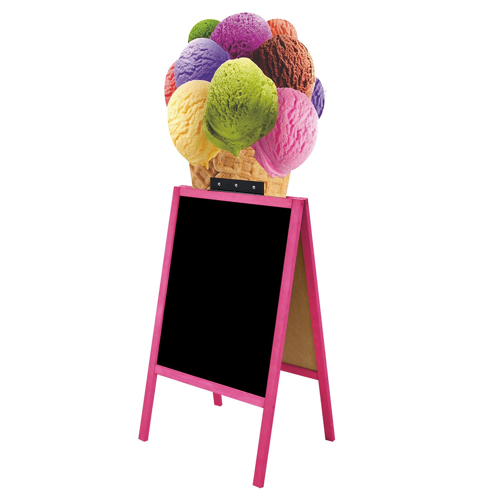 Dwustronny potykacz reklamowy 171 x 74 cm, tablica kredowa z różową lub brązową ramą i motywem lodów (Różowy, Kolorowe lody)