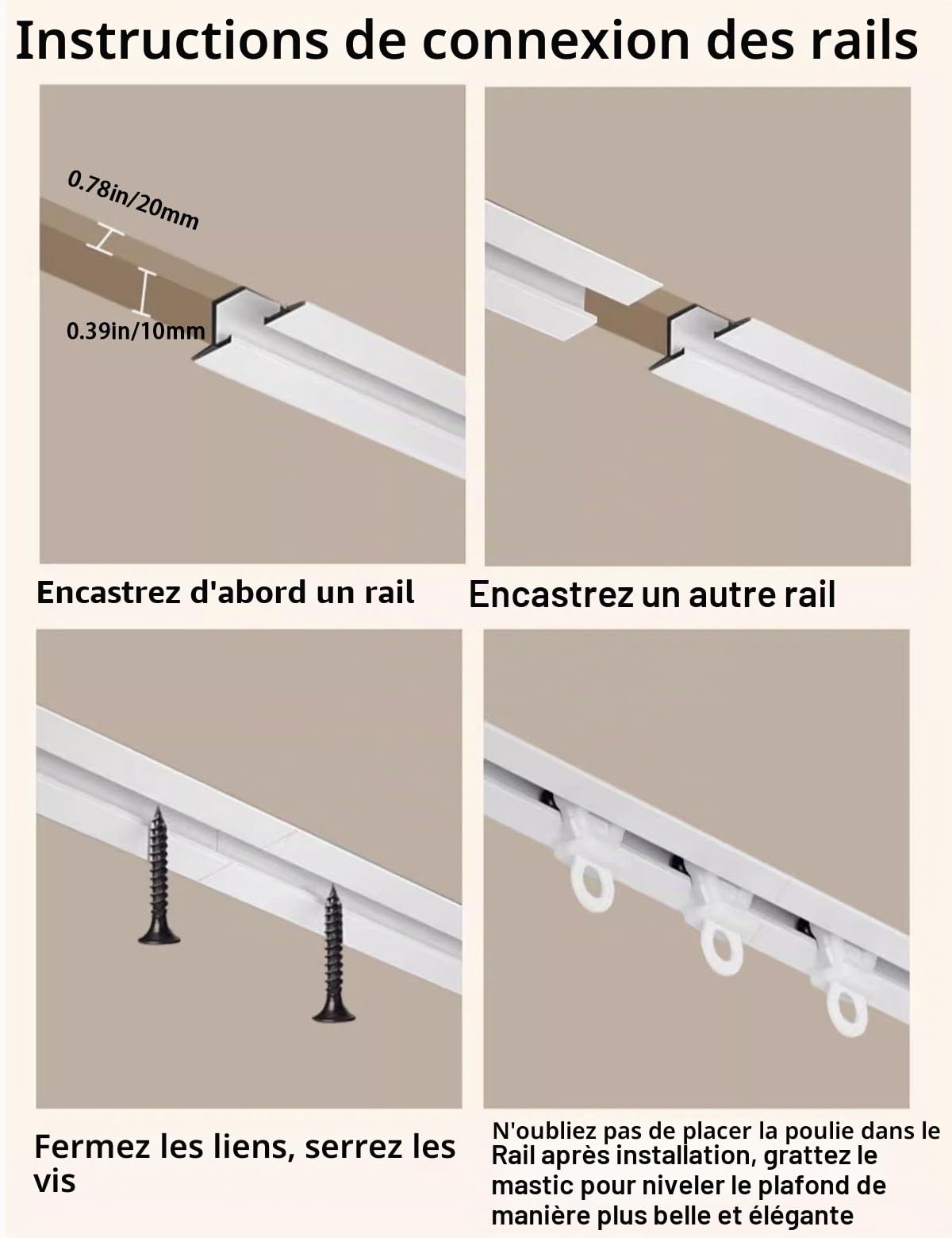 Rail de Rideau de Plafond en Aluminium Invisible, Montage au Plafond Rail de Rideau Aluminium, Rail à Rideau Encastrée pour Separation de Piece/Rideaux/Chambre/Balcon/Bureau/Hôtel(White four wheels,3