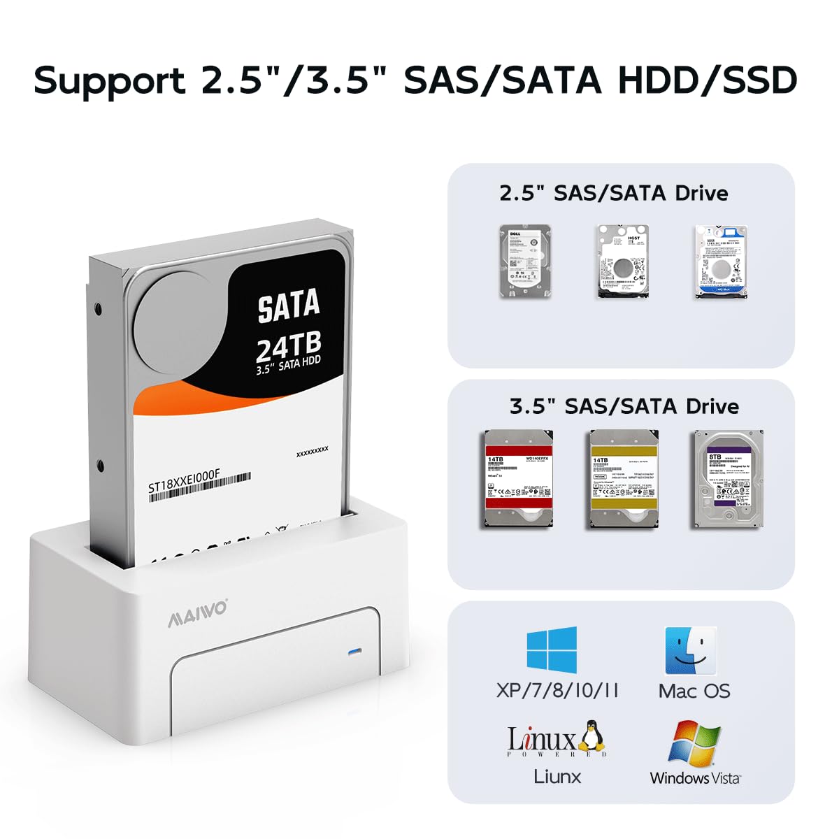 MAIWO Adaptador SAS a USB 3.0, 2.5 3.5 pulgadas SAS SATA HDD SSD, capacidad de 24 TB, estación de acoplamiento para lector de disco duro externo con adaptador de corriente de 12 V 2 A, sin