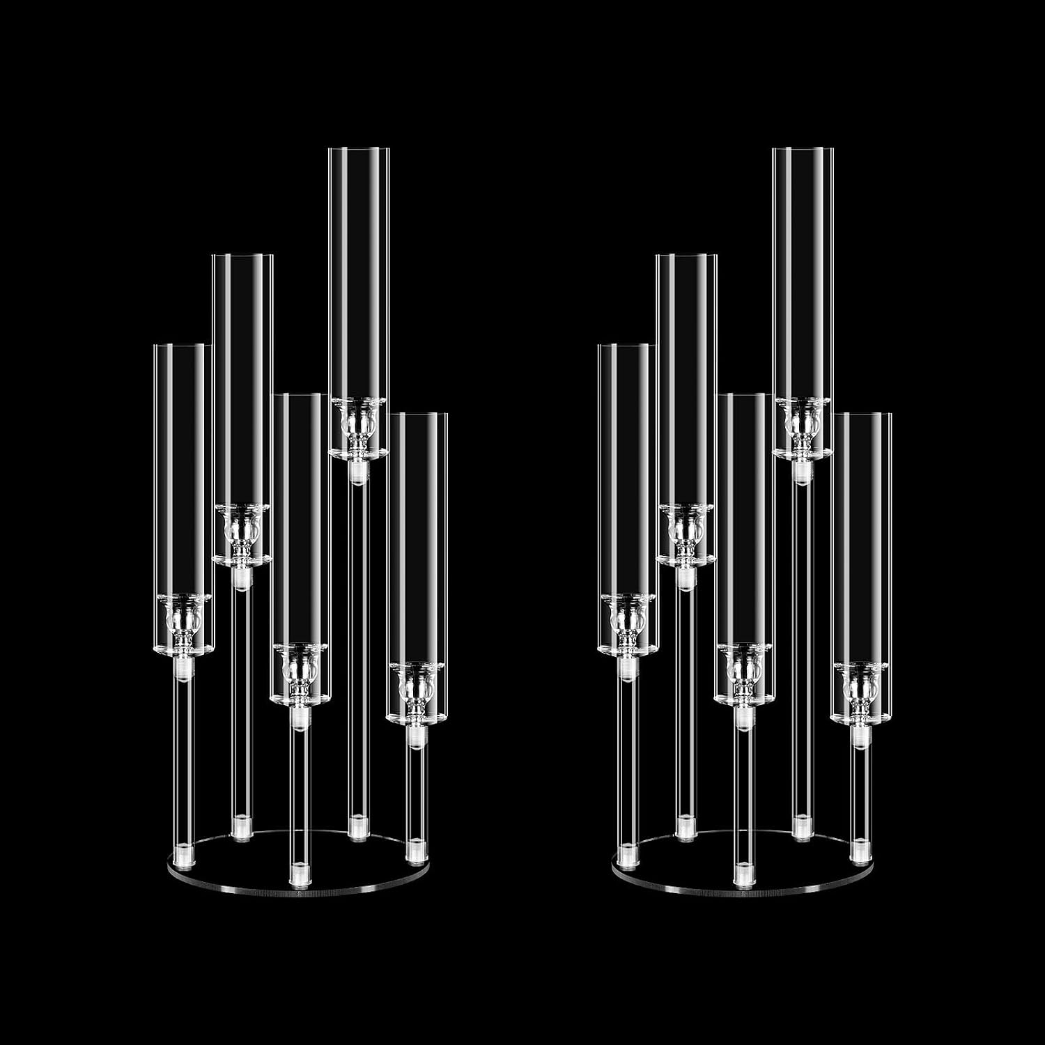 2 Set 22.8'' Tall Acrylic Candelabra Centerpieces for Wedding Table Decorations,Clear 5 Arms Candlesticks Holder with Acrylic Shade for Candlelight Dinner Party Fireplace Gift Fit LED Candle
