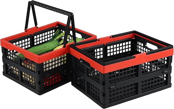 Collapsible Shopping Basket, 15L Reusable Plastic Grocery Shopping Baskets, Small Foldable Storage Crates with Handles, 2 Packs