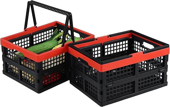 Collapsible Shopping Basket, 15L Reusable Plastic Grocery Shopping Baskets, Small Foldable Storage Crates with Handles, 2 Packs