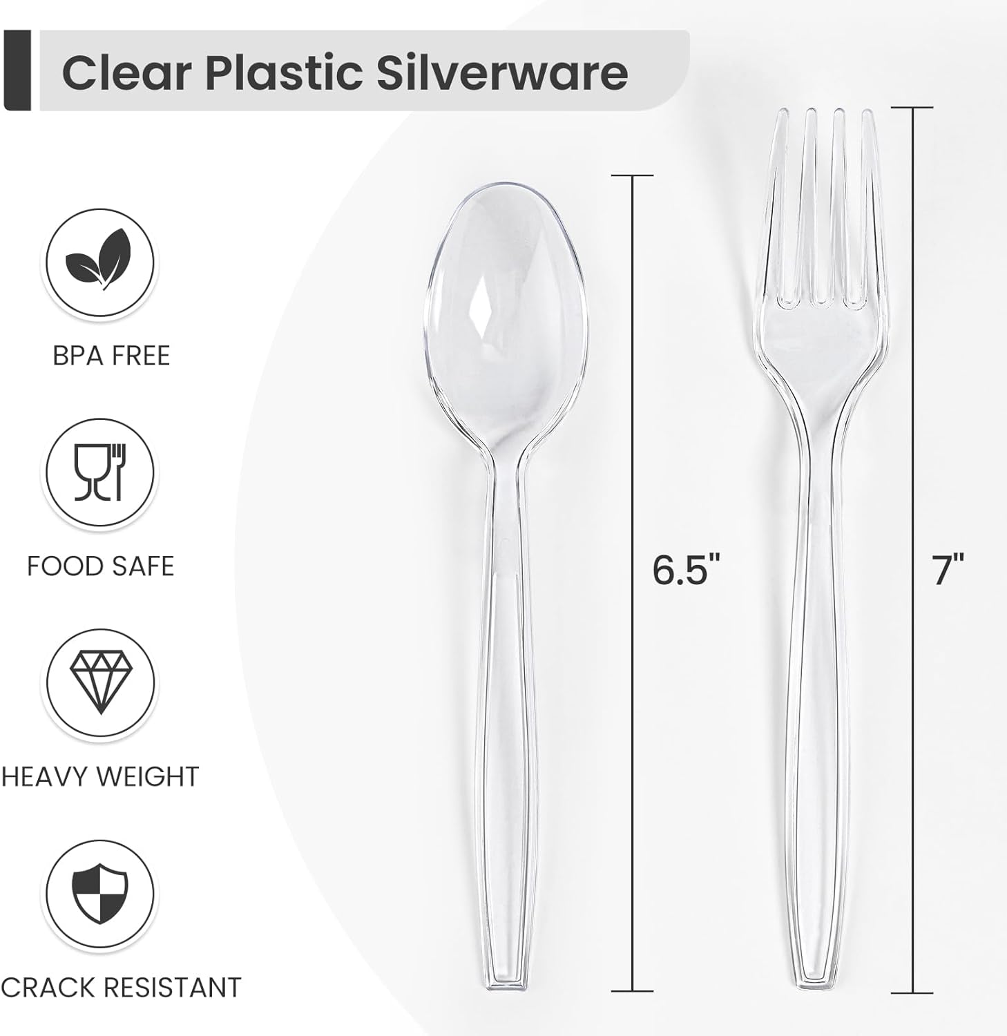 [300 Count] Plastic Silverware, Heavy Duty Plastic Forks Spoons Disposable Utensils Cutlery Set for Wedding Party Supplies Everyday Use - Clear - Image 2