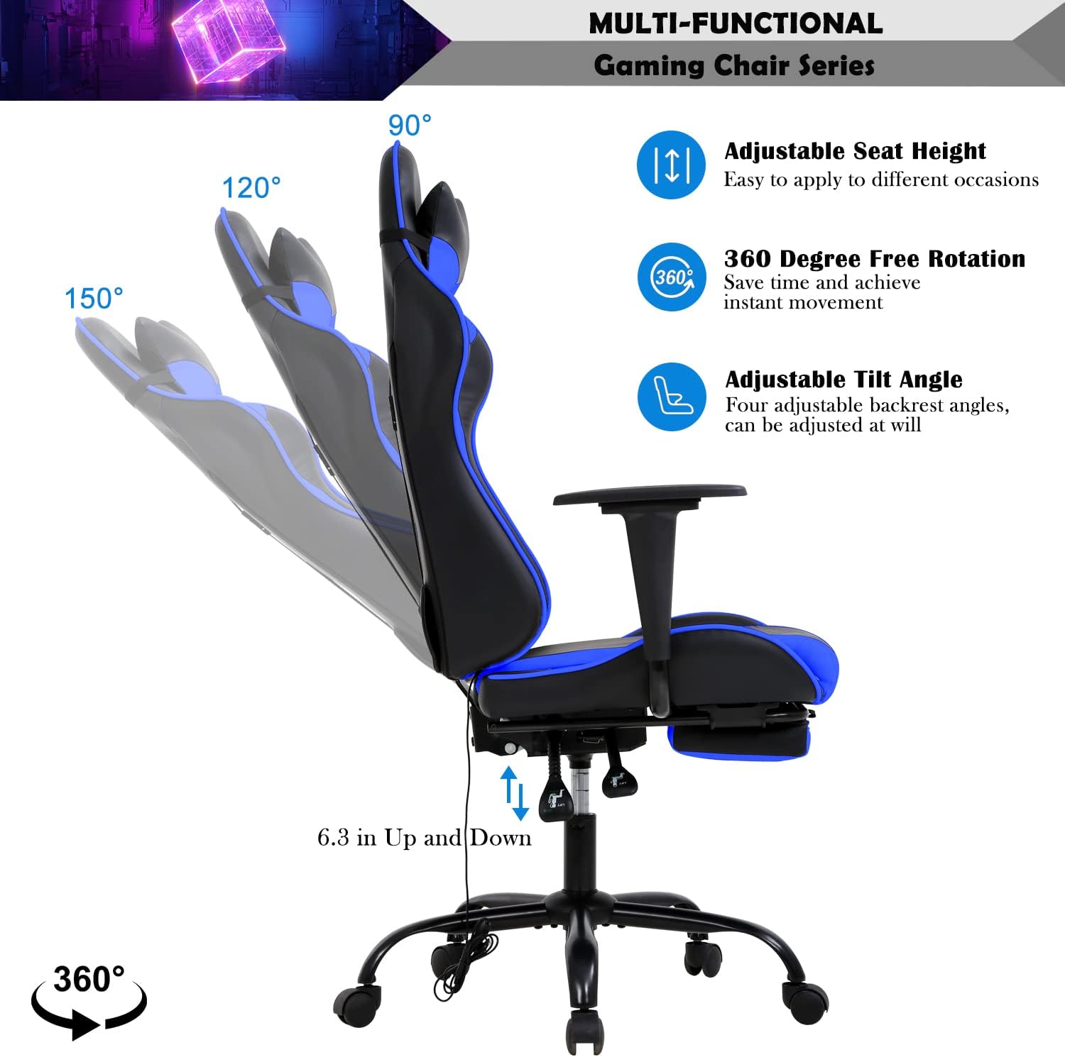 Gaming Chair, Height Adjustable Swivel Rolling Chair with Headrest Footrest and Massage Lumbar Support, PU High Back Ergonomic PC Chair for Office or Gaming, Office Gaming Chair
