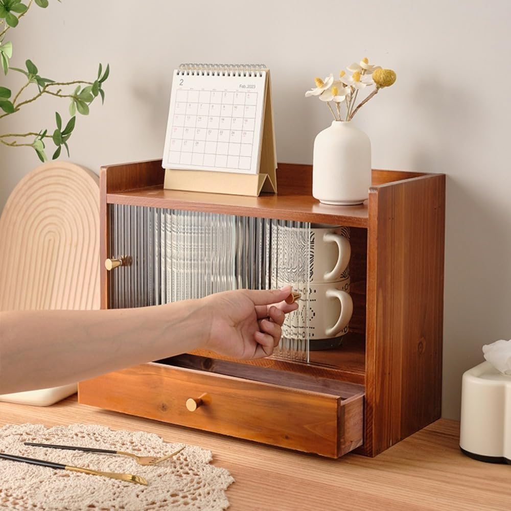 WQNBハンドメイドレトロ収納キャビネット ティーカップ・ティーウェア収納 + スキンケア収納ボックス + デスクトップ収納ラック