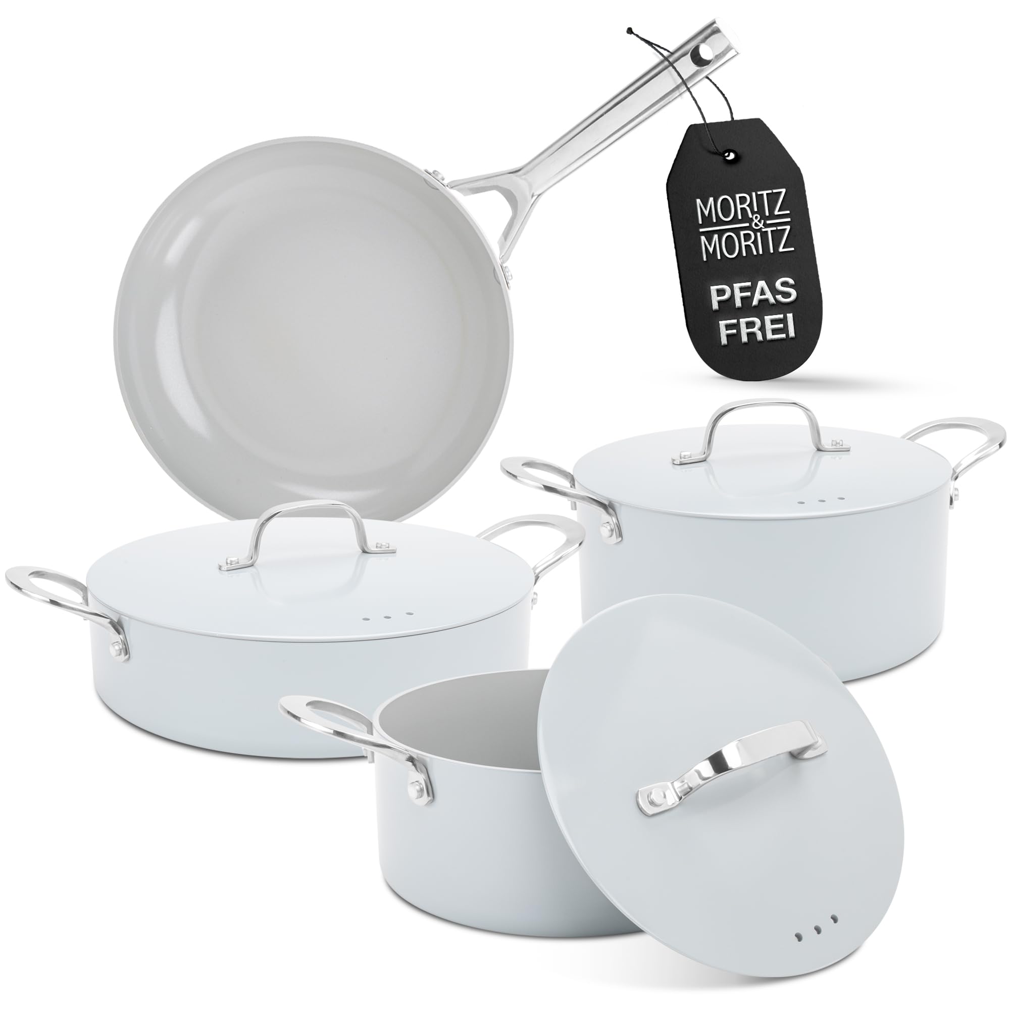Moritz & Moritz 7-tlg. Aluminium Topf und Pfannenset Induktion mit Deckel, 2x Kochtöpfe Induktion mit Deckel, 1x Servierpfanne mit Deckel und 1x Induktionspfanne, Topfset Induktion für alle Herdarten