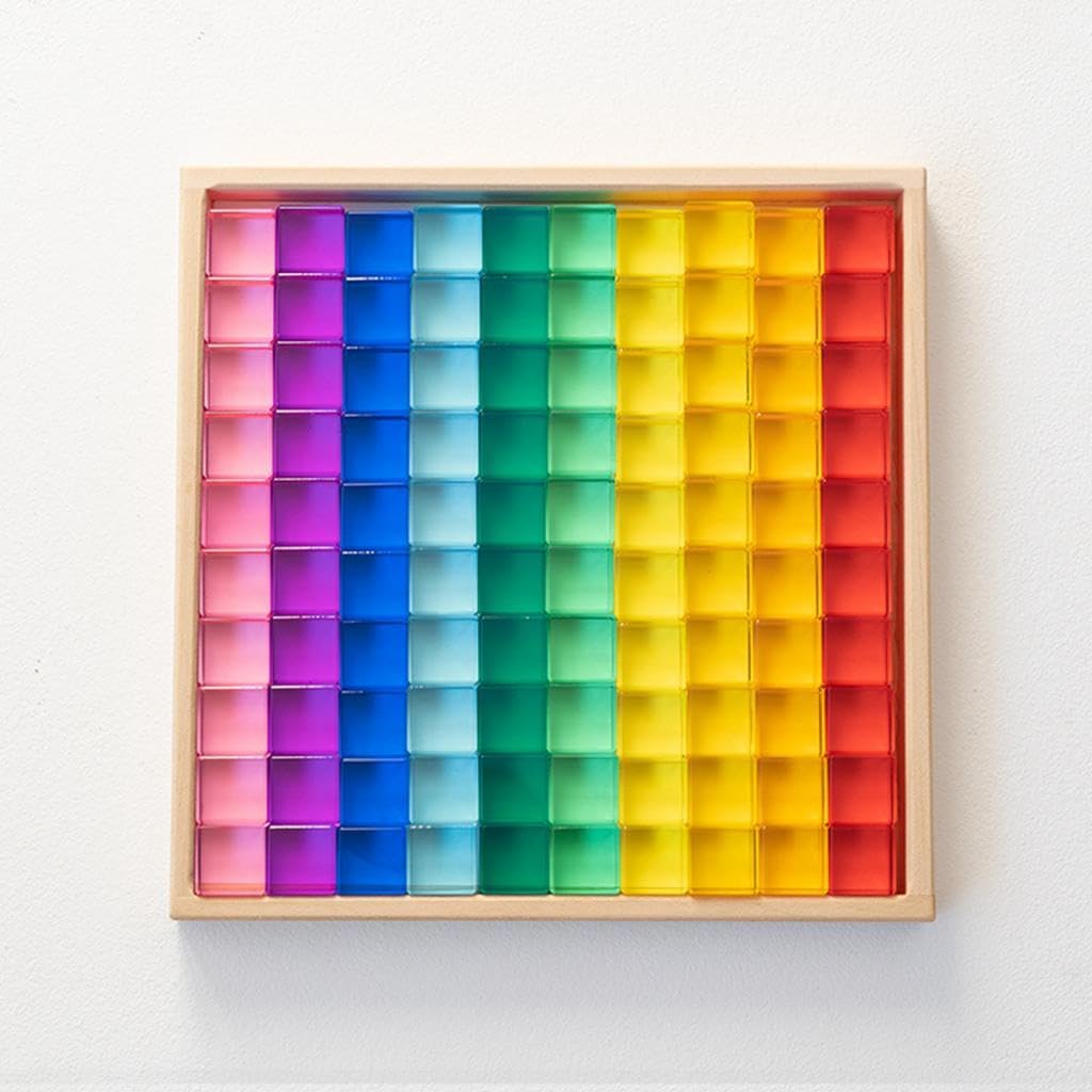 Set di 30 Blocchi da Costruzione Arcobaleno, Gioco di Impilamento, Gioco di Dadi, Cubi in Acrilico Effetto Pietra Preziosa con Base in Legno per Bambi, 50 Pezzi