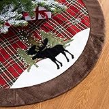 GMOEGEFT 48 Inches Christmas Tree Skirt, Red and Black Buffalo Plaid Mat with Brown Faux Fur Edge, Black Moose in Snowfield Pattern, Xmas Tree Holiday Decoration