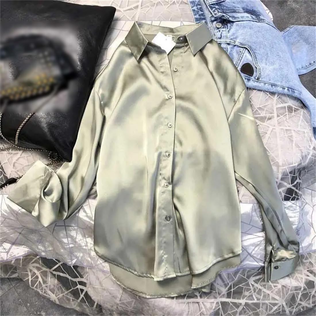 Printemps Et Automne Mode Bouton Satin Soie Chemise Rétro Chemise Haut Blanc À Manches Longues Chemise De Rue Ample Grande Taille
