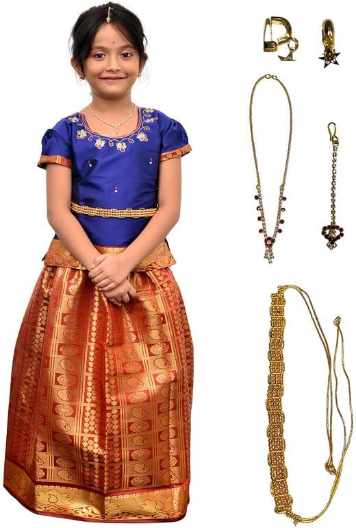Siya Traditional Pattu Pavadai Lehnga Choli Includes Jewellery Belt Embroidery South Indian Cotton Round Neck Design Dress Ethnic Davani Chinna Complete Set (Blue, 5-6Y)