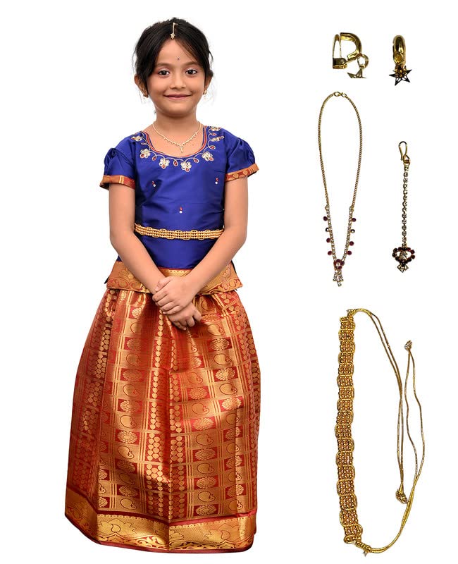 VishyamSiya Traditional Pattu Pavadai Lehnga Choli Includes Jewelery Belt Embroidery Indian Cotton Round Neck Design Dress Ethnic Davani Chinna Complete Set
