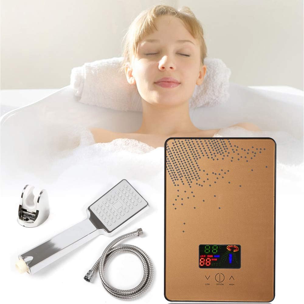 Goudergo 4500W 110V Tankless Electric Water Heater with included shower head, hose, and holder