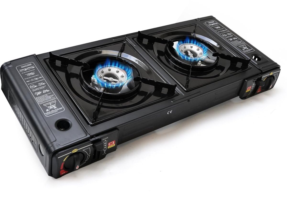 Eurocatch Gas Stove with 2 Burners - Gas Stove - Camping Cooker - Gas Hot Plate - Cooker - Black