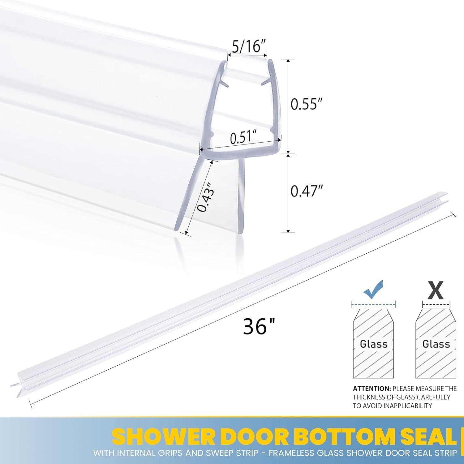 Shower Door Seal for Frameless 5/16"(8mm) Thick Glass Door, 2 Pack x 39" Long Shower Glass Door Bottom Seal Strip with Sweep, Ultra-Clear PVC Seal Strip (for 5/16" Glass)