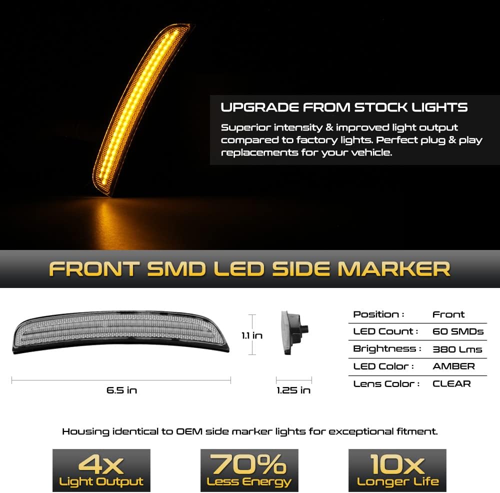 VIPMOTOZ For 2015-2023 Chrysler 300 LD Clear Lens Amber LED Front Bumper DRL Side Marker Light Fender Parking Lamp, Driver & Passenger Side