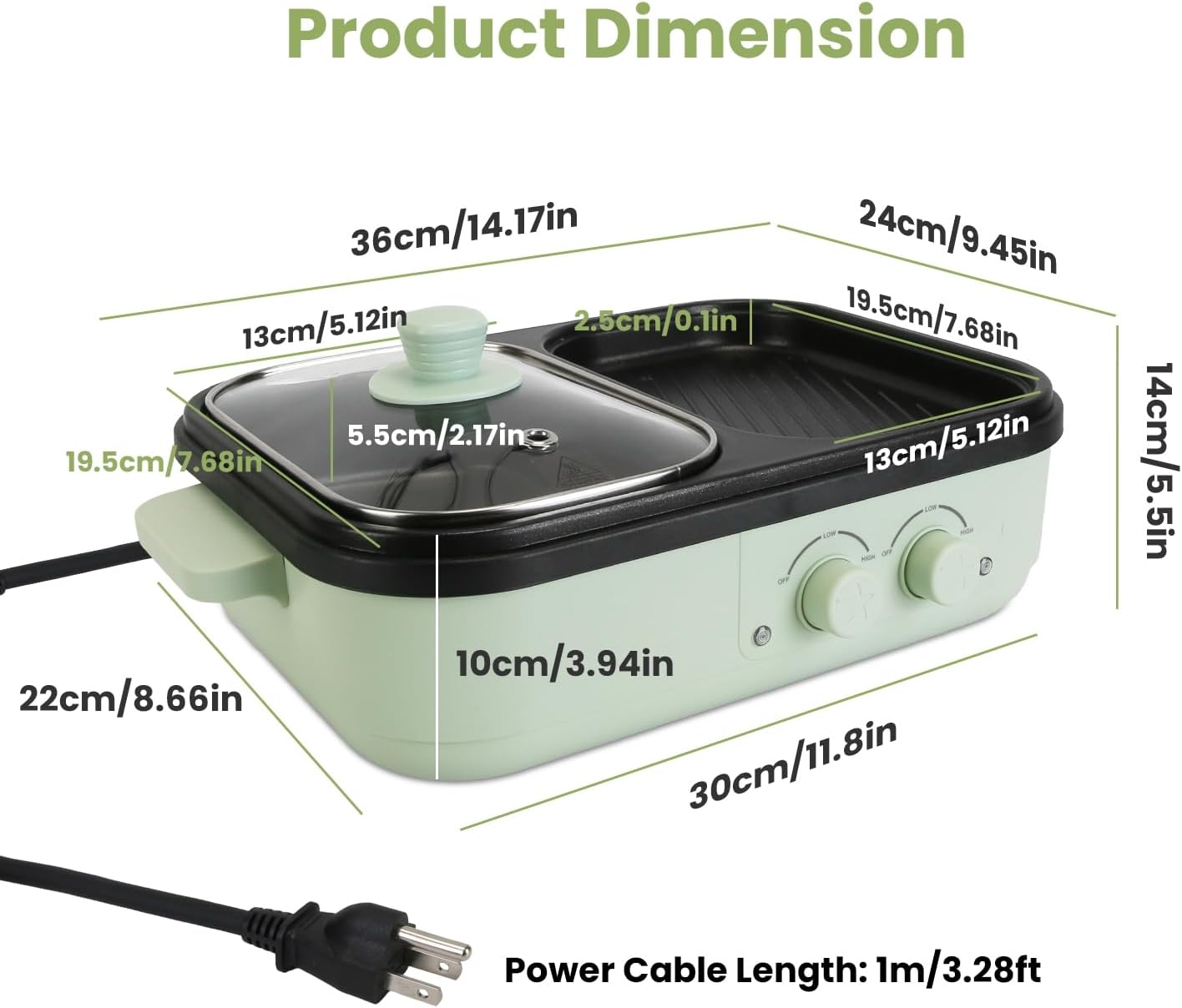 2-in-1 Electric Hot Pot with Grill Non-Stick Cooker, Portable Dual Power Electric Cooker Pot & Griddle Combo with Glass Lid, Fast Heating Mini Electric Skillet for BBQ, Noodles, Steak (12 People)