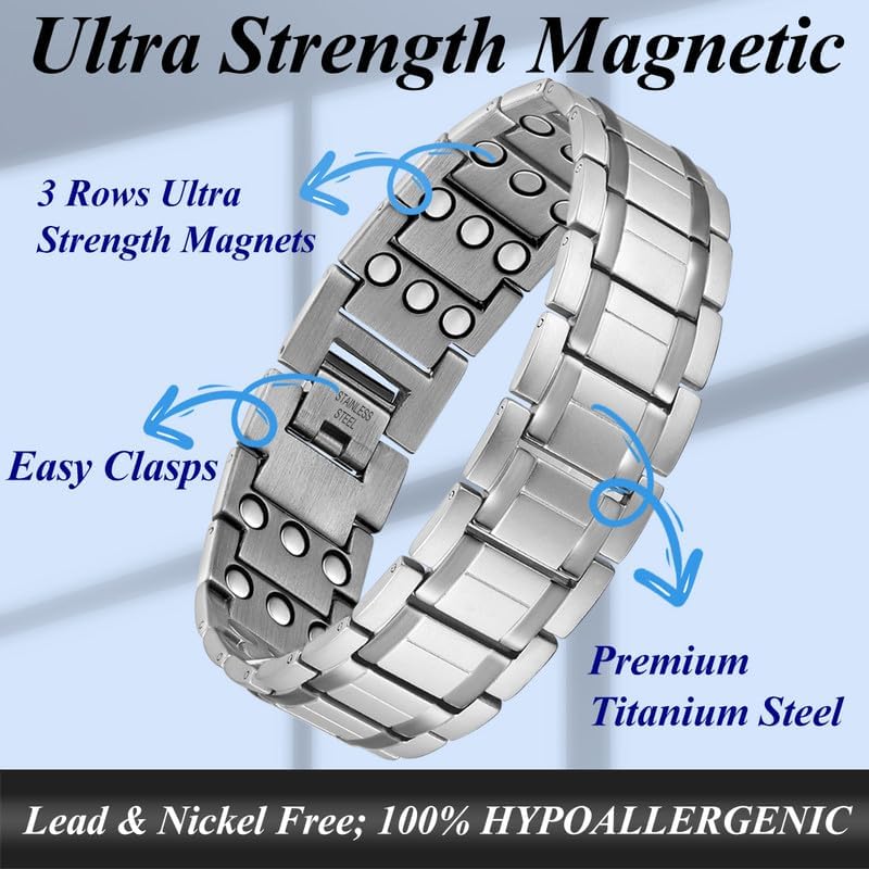 3X Magnetic Bracelets for Men Ultra Strength Titanium Steel Bracelet Wrist Adjustable with Sizing Tools (Silver with Ring) - Image 3