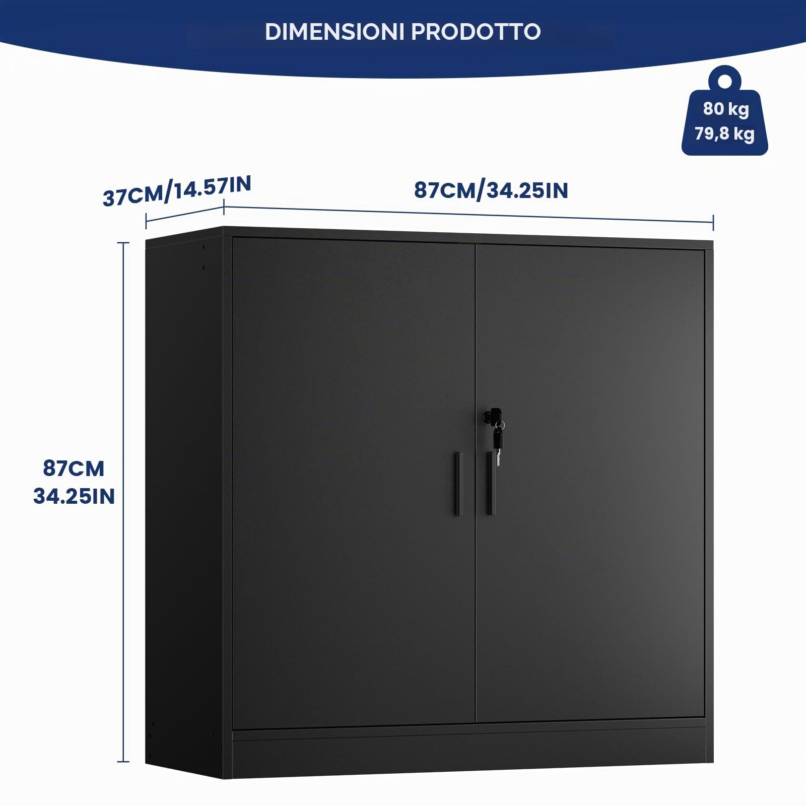 buybyroom Schedario da Ufficio, Armadio Ufficio Multiuso con Serratura Chiave, Ripiani Regolabile e Due Ante, Armadietto Salvaspazio Mobiletto per Cucina Soggiorno Officina Credenza Stampante, Nero