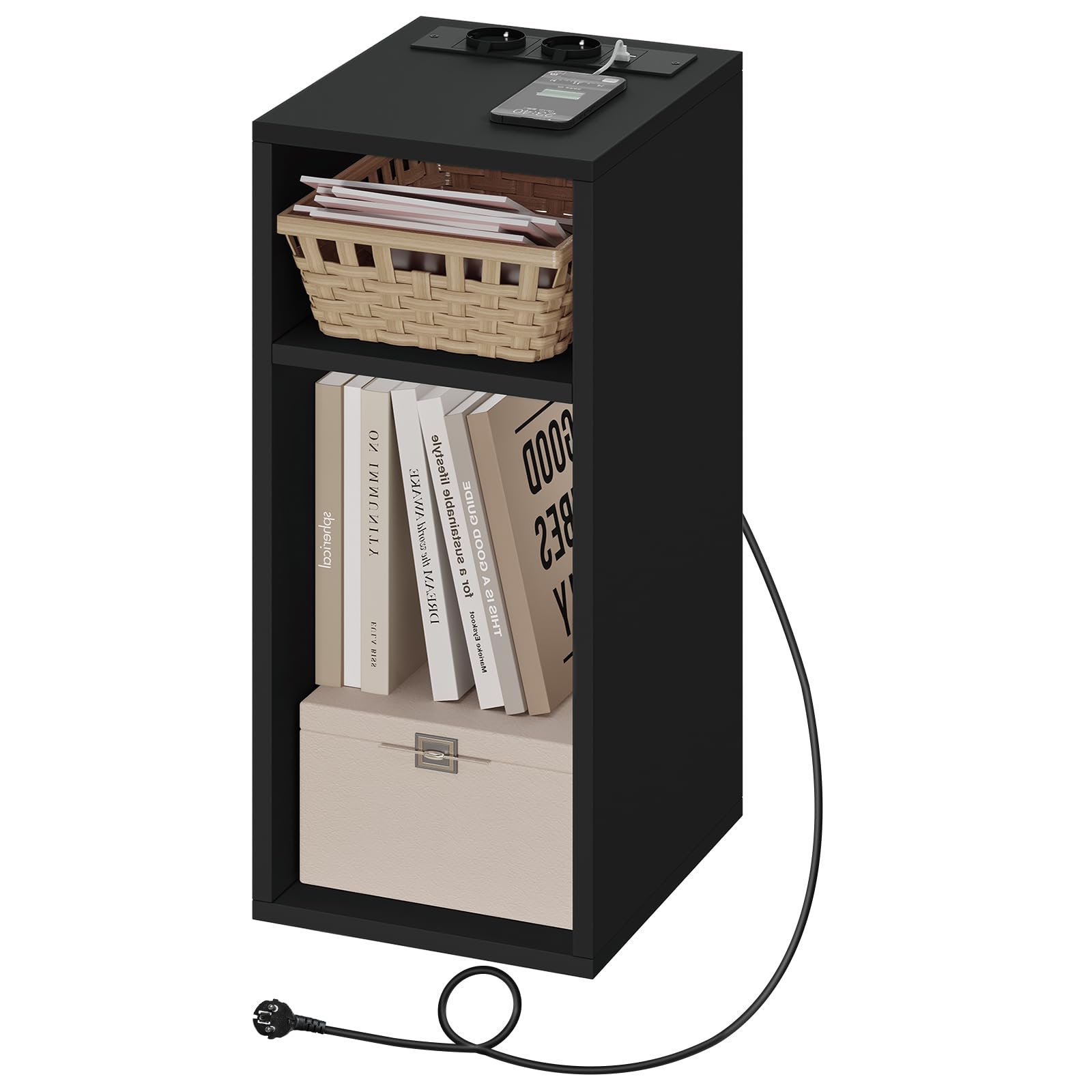 WOLTU Nachttisch mit Ladefunktion, schmaler Kleiner Beistelltisch mit 2 Steckdosen 2 USB-Anschlüssen 2 offenen Fächer, Couchtisch mit Stauraum, 25x60x30 cm, für Schlafzimmer, Schwarz, NTS06sz