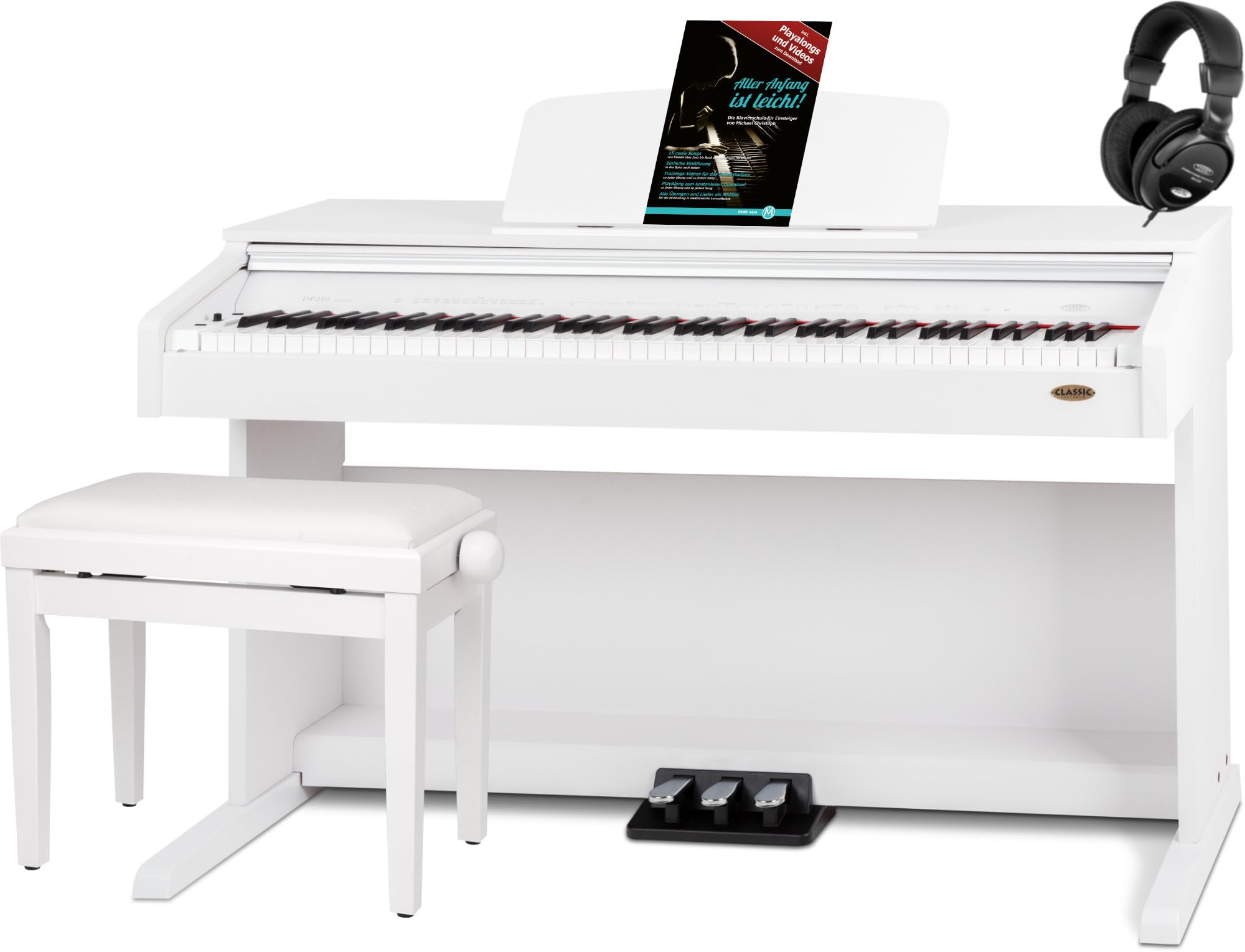 Classic Cantabile DP-210 WM E-Piano weiß matt, 128-fache Polyphonie | HA-88-S500 Tastatur mit 88 Tasten mit Hammermechanik, Soft, Mittel, Hard, 1 interner Demo-Song, 26 WMA-Voices, Chorus, Pedal