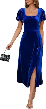 BLENCOT Womens Casual Fall Short Sleeve Square Neck Midi Dress Side Slit Velvet Wedding Guest Flowy Party Dresses